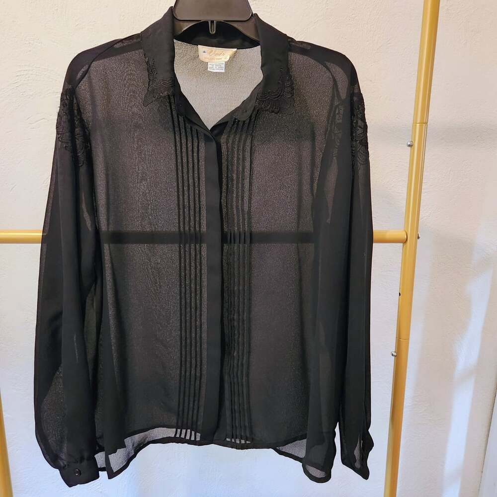 Voir Collection Vintage Black Sheer Blouse Embroidered Collar and Shoulders Sz L